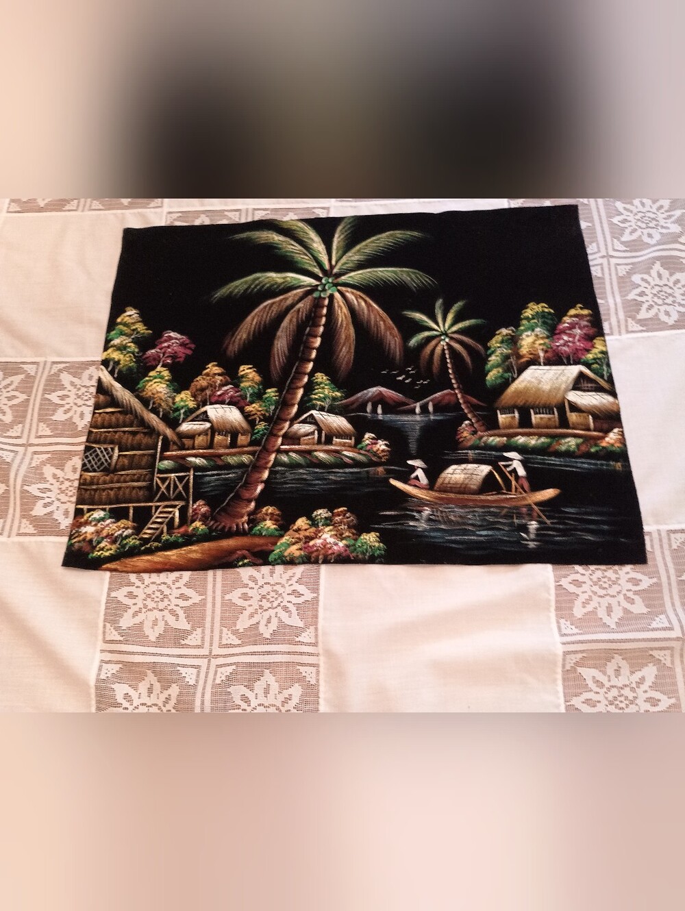 Mid Century Modern Hawaiian Asian Black Velvet Painting 20 x 15.5 Unframed.